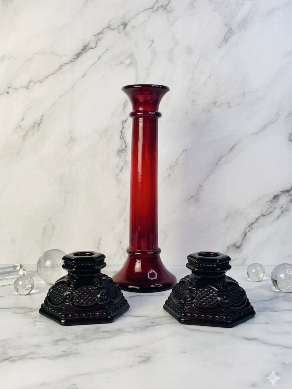 Vintage Ruby Red Indiana Glass Candlestick & 2 Cape Cod Ruby  AVON Candlesticks